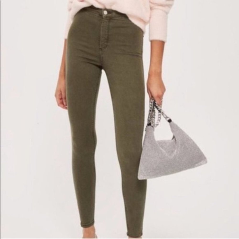 Topshop High Waist Moto Skinny Jeans Olive sz 26